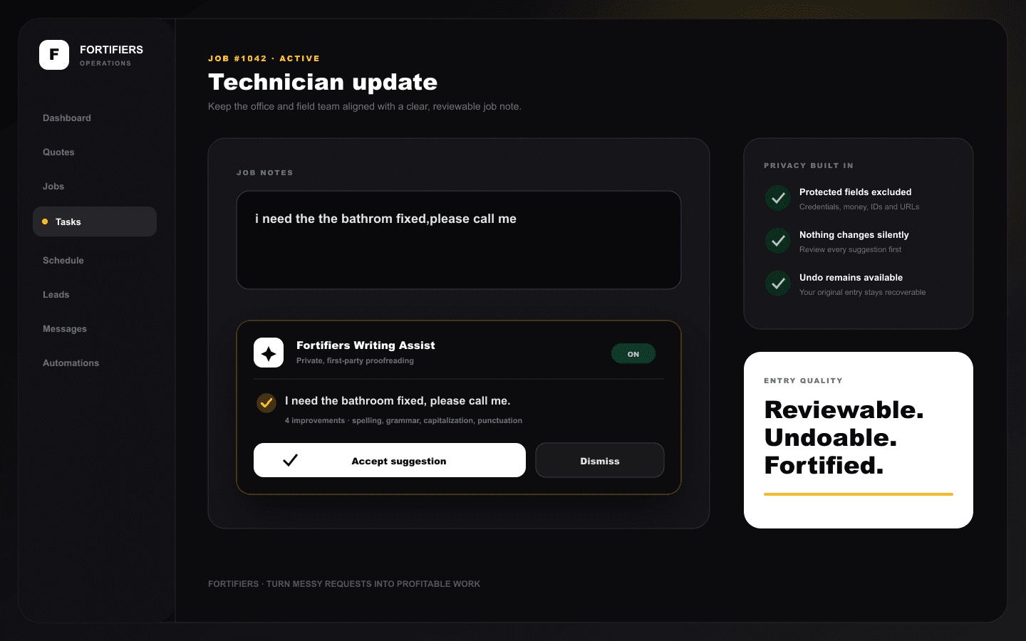Fortifiers Writing Assist reviewing and correcting a technician note