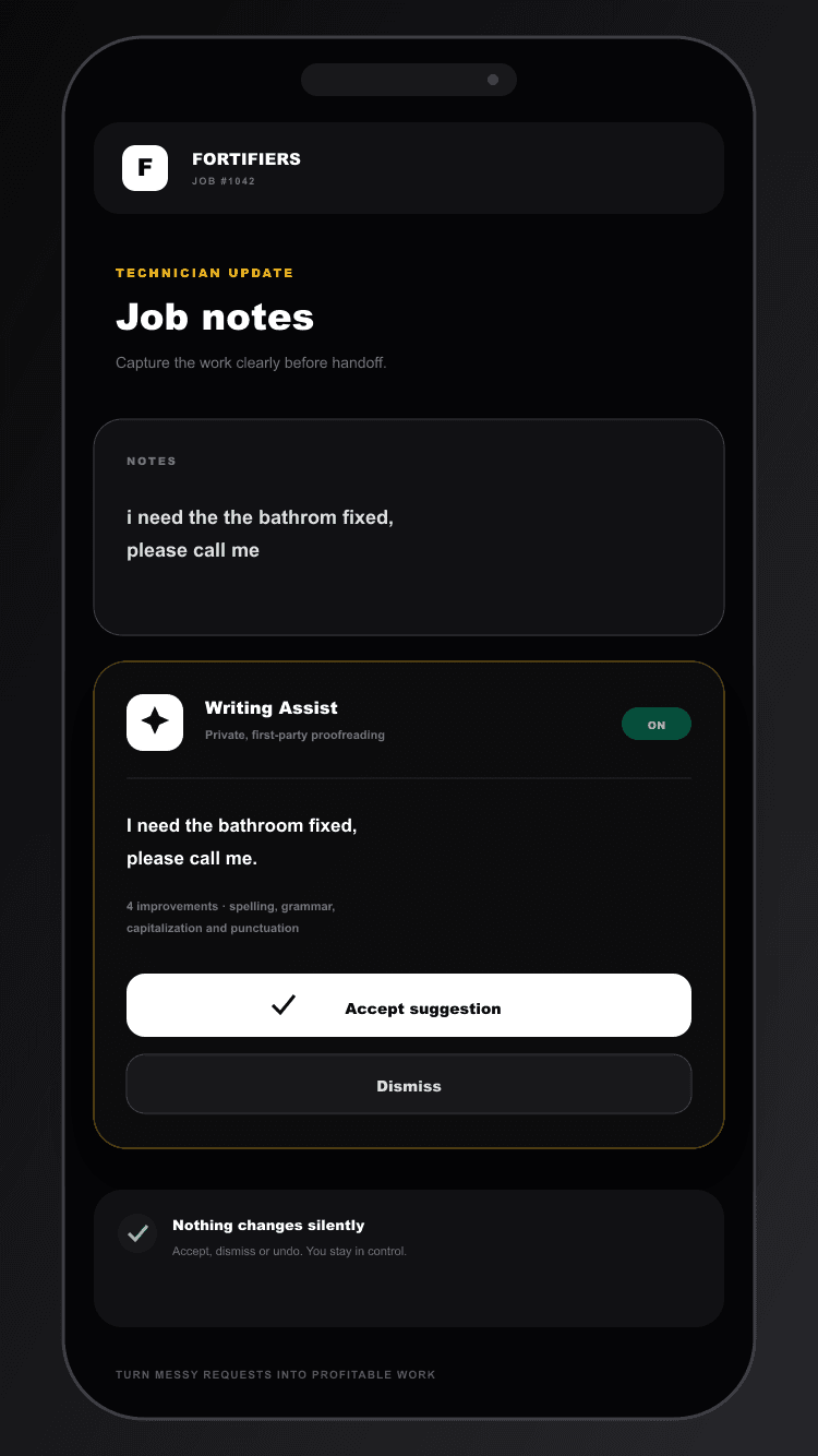 Writing Assist fitted beneath a mobile job-notes field